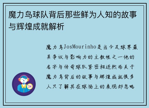 魔力鸟球队背后那些鲜为人知的故事与辉煌成就解析