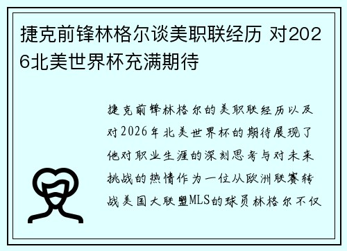 捷克前锋林格尔谈美职联经历 对2026北美世界杯充满期待