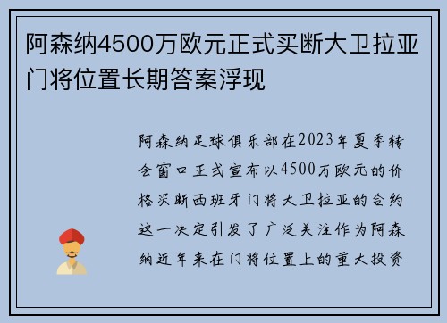 阿森纳4500万欧元正式买断大卫拉亚门将位置长期答案浮现
